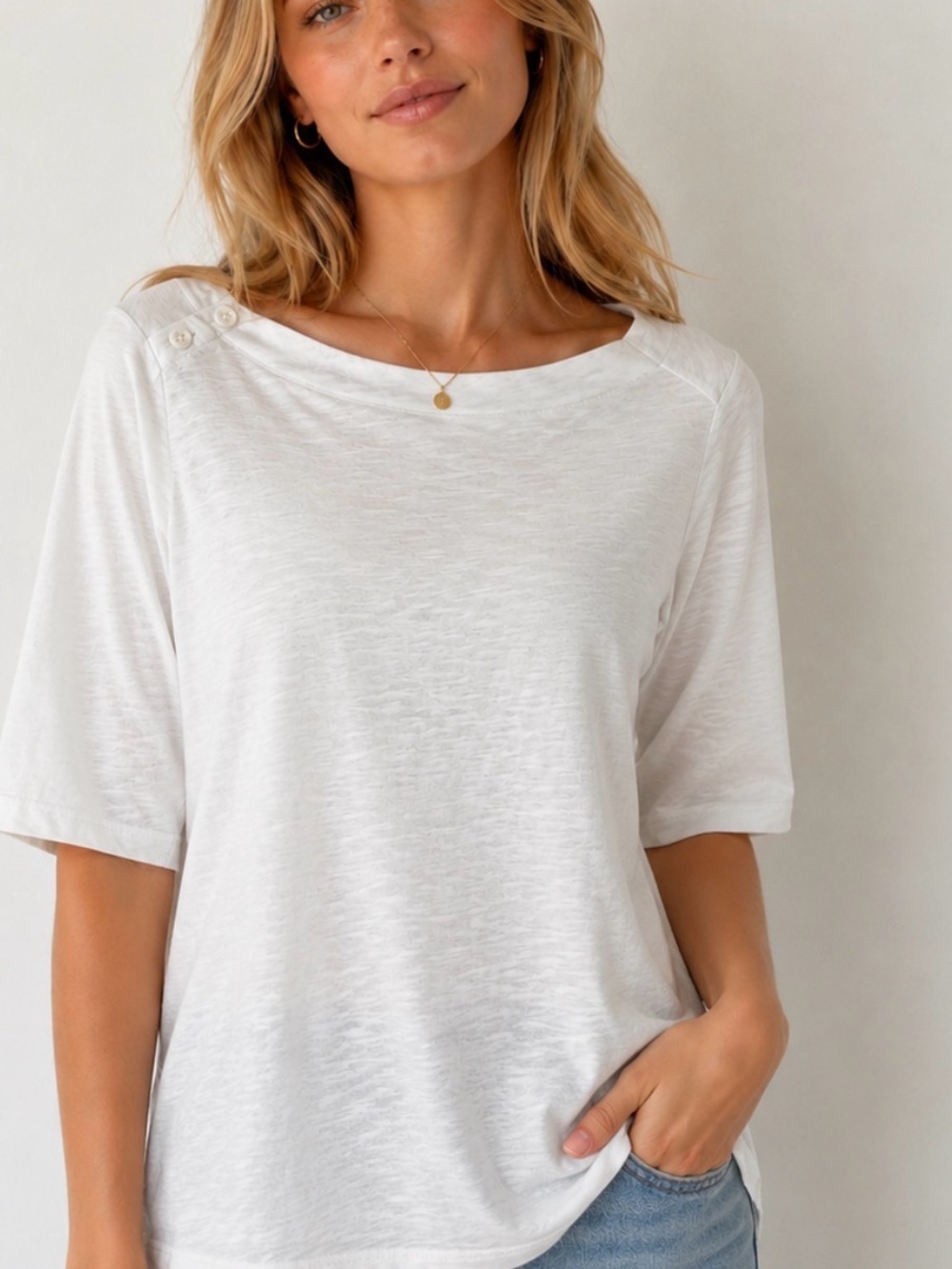 Pact L Organic cotton white 3-4 sleeve shoulder button casual tunic minimalist